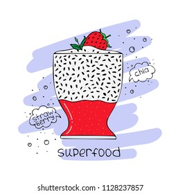 Hand-drawn illustration of superfood of a smoothie with chia seeds and strawberry.