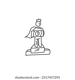 Ilustração desenhada à mão de um super-herói de pé em um pedestal, simbolizando sucesso, conquista e vitória. Arte em preto e branco.