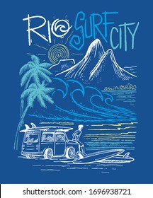 Hand-drawn illustration of a surfer on the waterfront of the city of Rio de Janeiro, Brazil.