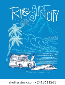 Hand-drawn illustration of a surfer on the waterfront of the city of Rio de Janeiro, Brazil.