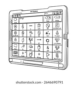 ilustração desenhada à mão de um dispositivo de comunicação aumentativa e alternativa (AAC) baseado em símbolos. Ideal para temas de comunicação e acessibilidade para indivíduos com necessidades não verbais.
