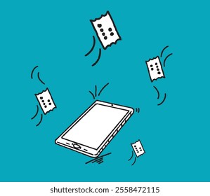 Hand-drawn illustration of a tablet with online tickets flying around, symbolizing online booking