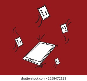 Hand-drawn illustration of a tablet with online tickets flying around, symbolizing online booking