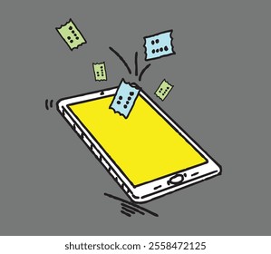 Hand-drawn illustration of a tablet with online tickets flying around, symbolizing online booking