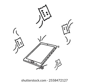 Hand-drawn illustration of a tablet with online tickets flying around, symbolizing online booking