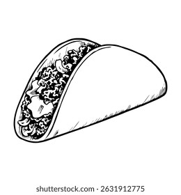 A hand-drawn illustration of a taco filled with ground meat, lettuce, and cheese. The taco shell is curved and has a simple design, emphasizing the food concept.