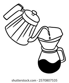 Hand-drawn illustration of a teapot pouring freshly brewed coffee into a serving glass, created in a clean black and white line drawing style. Perfect for minimalist and handmade-inspired designs