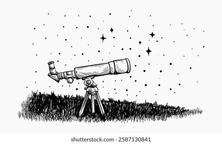 A hand-drawn illustration telescope on a tripod, set against a backdrop of stars and grass, suggesting nighttime stargazing.