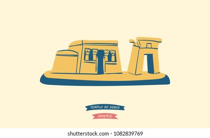 Hand-drawn illustration of the Temple of Debod (Templo de Debod) located in Madrid, Spain