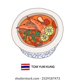 Hand-drawn illustration of Thai tom yum kung