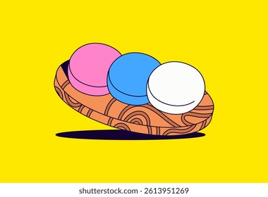 Hand-drawn illustration of three colorful mochi pink, blue, and white neatly placed on a decorative wooden plate cartoon vector