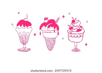 Hand-drawn illustration of three different ice cream desserts in a vintage style. Includes a sundae, a waffle cone, and a cup with cherries and toppings. Vector linear illustrations for food and desse