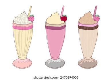 A hand-drawn illustration of three milkshake glasses with whipped cream and strawberries.