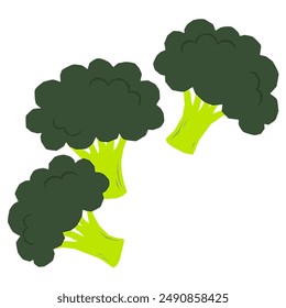 Hand-drawn illustration of three vibrant broccoli florets with green stems. Ideal for food blogs, healthy eating content, and vegetable-themed designs