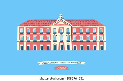 Hand-drawn Illustration Of The Thyssen-Bornemisza Museum (Museo Thyssen - Bornemisza) Located In Central Madrid, Spain