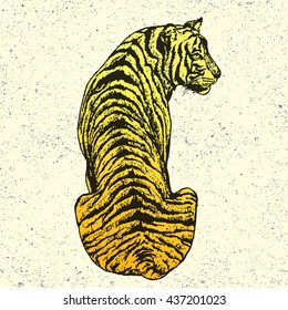 Hand-drawn illustration of tiger in line art style. Tattoo design, textiles print. Vector editable sketch isolated on vintage background. Drawing of big wild cat from the back