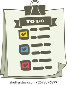 Hand-drawn illustration of a to-do list on a clipboard with three checkmarks and several blank lines. Isolated on a light background.