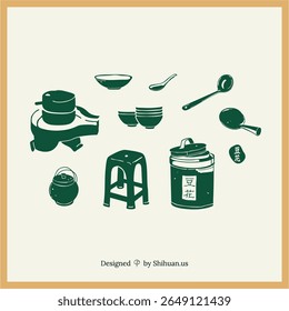 Hand-drawn illustration of traditional Douhua (tofu pudding) tools and utensils, including bowls, spoons, stove, kettle, and stool. Perfect for food culture and street food designs.