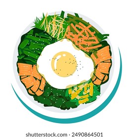 Hand-drawn illustration of a traditional Korean bibimbap bowl with mixed vegetables and a fried egg. Perfect for menus, food blogs, and culinary designs