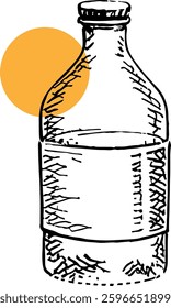 Hand-drawn illustration of a transparent glass bottle with orange circle
