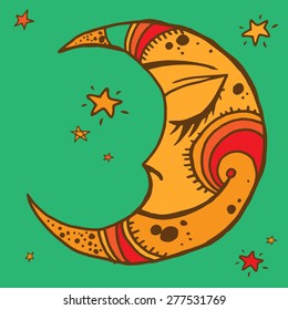 Hand-drawn illustration of tribal moon. Ornamental decor for your design