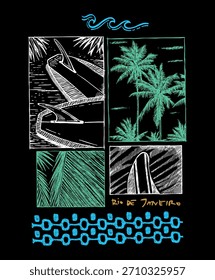 Ilustração desenhada à mão de elementos tropicais alusivos ao Rio de Janeiro, Brasil, e relacionados à prática do surf.