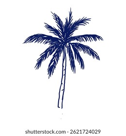 Ilustração desenhada à mão de uma palmeira tropical em tinta da marinha. Desenho estilizado em estilo de arte em linha, perfeito para visuais de verão, temas de praia exóticos, adesivos e desenhos decorativos isolados.