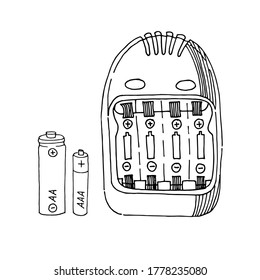 Hand-drawn illustration of two batteries and a charger. Black and white vector image. Isolated on white