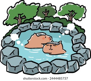 Hand-drawn illustration of two capybaras taking an open-air bath in the mountains