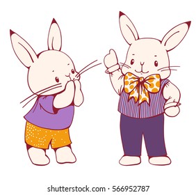 Hand-drawn illustration of two cartoon Bunnies. Vector set. 