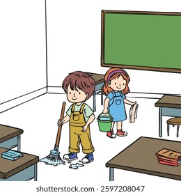 Hand-drawn illustration of two children cleaning a classroom, symbolizing teamwork and responsibility. Perfect for children’s activity books, educational worksheets, and school-related content.
