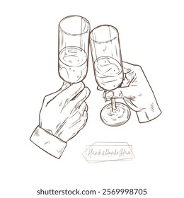 
Hand-drawn illustration of two hands clinking wine glasses in a toast. Minimalist black and white sketch with detailed linework, perfect for festive, celebratory, or wine-themed designs