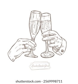 
Hand-drawn illustration of two hands clinking wine glasses in a toast. Minimalist black and white sketch with detailed linework, perfect for festive, celebratory, or wine-themed designs