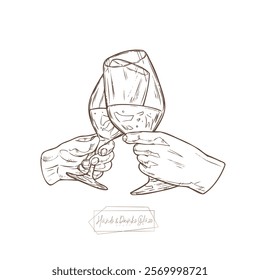 Hand-drawn illustration of two hands clinking wine glasses in a toast. Minimalist black and white sketch with detailed linework, perfect for festive, celebratory, or wine-themed designs.