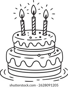 Hand-drawn illustration of a two-layered birthday cake with three lit candles.