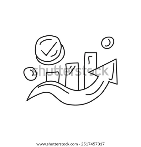 Hand-drawn illustration of upward arrow and bar graph with checkmark coin, concept of growth, success, profit, and financial gain.