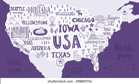 Handdrawn illustration of USA map with hand lettering names of states and tourist attractions. Travel to USA concept. American symbols on the map. Creative design element for tourist banner