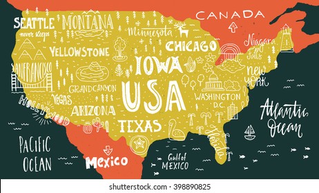 Handdrawn illustration of USA map with hand lettering names of states and tourist attractions. Travel to USA concept. American symbols on the map. Creative design element for tourist banner