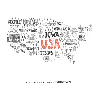 Handdrawn illustration of USA map with hand lettering names of states and tourist attractions. Travel to USA concept. American symbols on the map. Creative design element for tourist banner