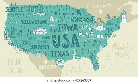 Hand-drawn illustration of USA map with hand lettering names of states and tourist attractions. Travel to USA concept. American symbols on the map. 