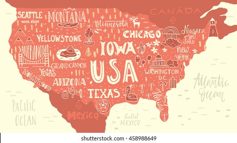 Handdrawn illustration of USA map with hand lettering names of states and tourist attractions. Travel to USA concept. American symbols on the map. Creative design element for tourist banner