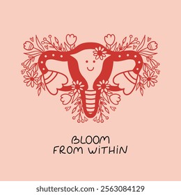 Hand-drawn illustration of a uterus surrounded by flowers with the inspirational lettering 'Bloom from Within,' symbolizing femininity, health, and self-care.