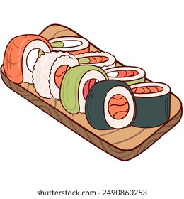 Hand-drawn illustration of a variety of sushi rolls on a wooden platter. Perfect for menus, food blogs, and Japanese cuisine-themed designs.