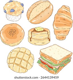 hand-drawn illustration of various baked goods and sandwich items. Includes a blueberry muffin, loaf bread, croissant, pancake stack, sandwich, sweet buns, and melon bread. menu decoration

