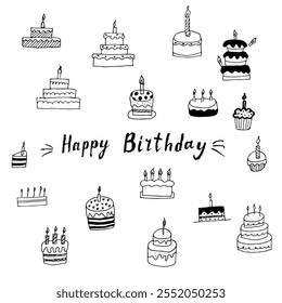 Hand-drawn illustration with various birthday cakes, candles, and "Happy Birthday" lettering. Great for greeting cards, party invitations, decorations, or festive digital designs.  