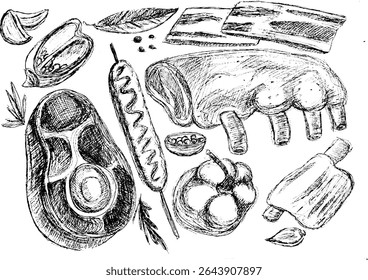 Ilustração desenhada à mão de vários cortes de carne e temperos  