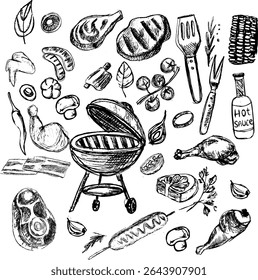 Hand-drawn illustration of various meat cuts and seasonings  