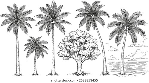 Ilustração desenhada à mão de várias palmeiras e uma grande árvore contra um pano de fundo de uma praia e oceano.