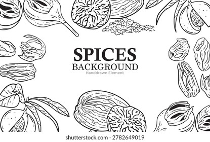 Hand-drawn illustration of various spices, including nutmeg and its shell, arranged as a decorative background element.