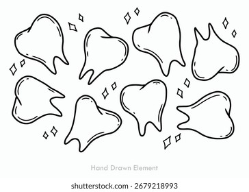 Hand-drawn illustration of various stylized teeth, outlined in black ink, with decorative elements.